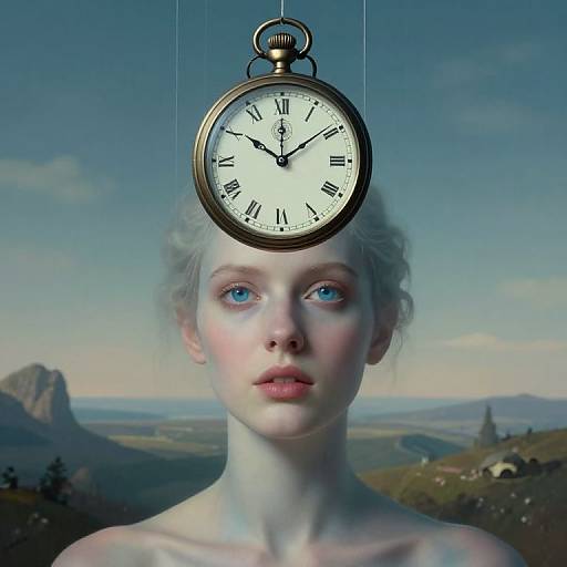Photorealistic digital art of a pale-skinned woman with blue eyes and pink lips, topless, with a vintage pocket watch hovering above her head