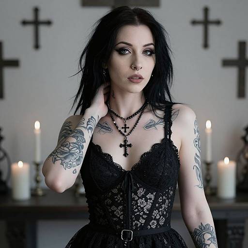 Gothic woman with black lace dress, tattoos, nose ring, and cross necklace, standing in front of lit candles and cross-adorned wall