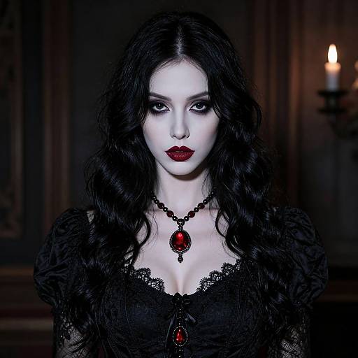 Digital portrait of a pale, dark-haired woman with red lips, wearing a black lace dress and red pendant, in a dimly lit, gothic