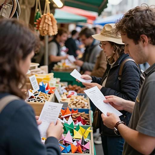 Photograph of a busy outdoor market stall with colorful paper star decorations, customers holding price tags, and a vendor in the background.