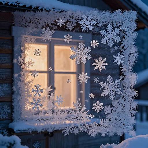Photograph of a snow-covered window frame with glowing yellow light inside, surrounded by intricate white snowflakes, set against a dark wooden cabin at night