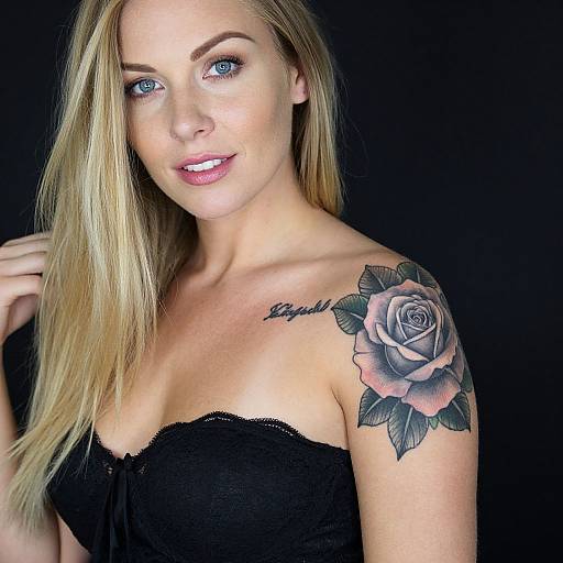Blonde Woman with Rose Shoulder Tattoo
