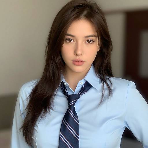 Photograph of a young woman with long, dark brown hair, wearing a light blue dress shirt and a dark blue striped tie, standing indoors with a