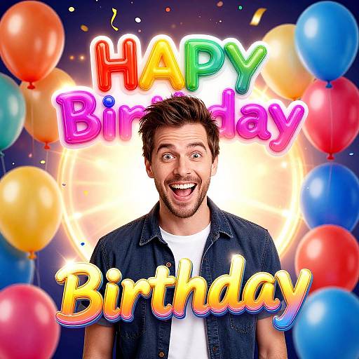 Photograph of a smiling man with brown hair and beard, wearing a denim jacket, surrounded by colorful balloons, with 