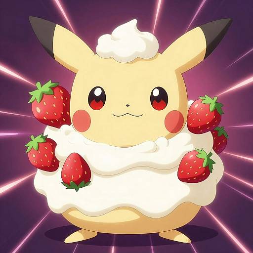Digital illustration of Pikachu with cream and strawberries, glowing pink lines in background, smiling with red cheeks, black-tipped ears.
