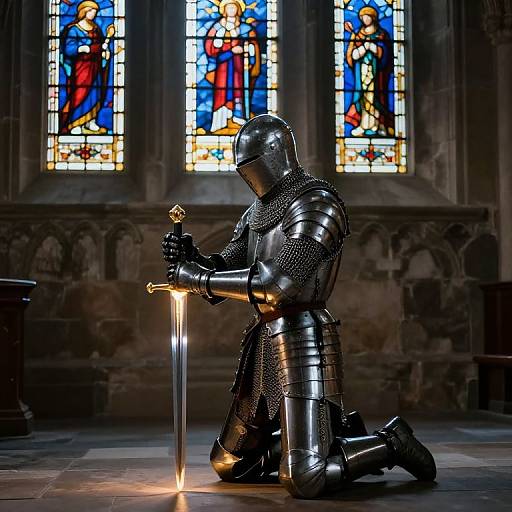 Knight Kneeling in Medieval Chapel
