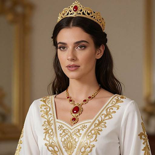 Photograph of a young woman with dark hair, wearing a gold crown and white gown with intricate gold embroidery, and a red gem necklace. She stands