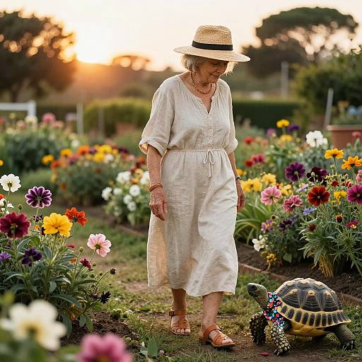 Elderly Woman Strolling Sunset Garden