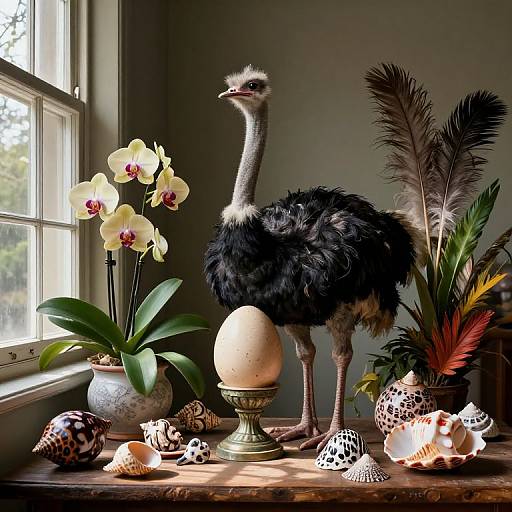 Photograph of a black-feathered ostrich with long neck, standing on wooden table with orchids, seashells, feathers, and egg