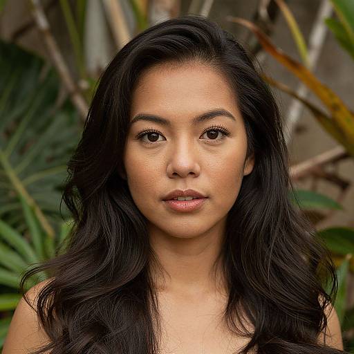 Photograph of a young Asian woman with long, wavy black hair, light brown skin, and dark eyes, standing against a blurred green leafy
