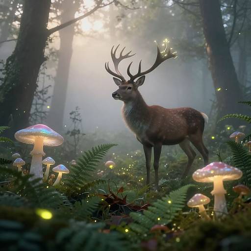 Photorealistic digital art: majestic stag with large antlers stands amidst glowing mushrooms and fireflies in a misty, sunlit forest.