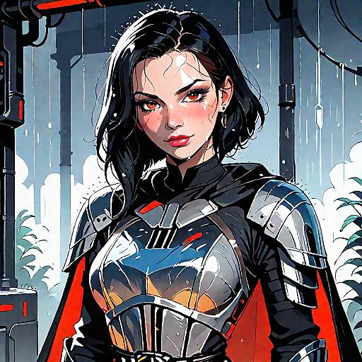 Digital comic-style drawing of a fierce, fair-skinned woman with black hair, red eyes, and armored chest, standing in a rainy, industrial setting