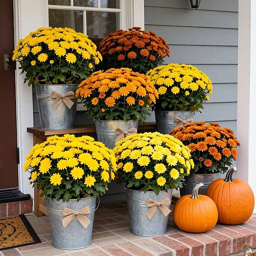 Photograph of six galvanized metal buckets with vibrant yellow and orange chrysanthemums, each tied with burlap bows, flanking two