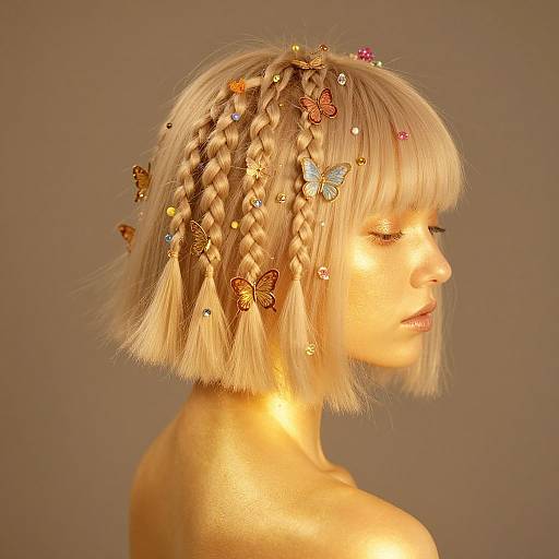 Photograph of a blonde woman with short braided hair adorned with colorful butterflies, glowing softly against a neutral background.