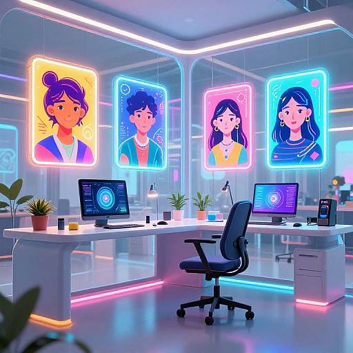 Neon-lit modern office with four glowing, colorful portraits of women on the wall, two white desks, two monitors, and a black chair.