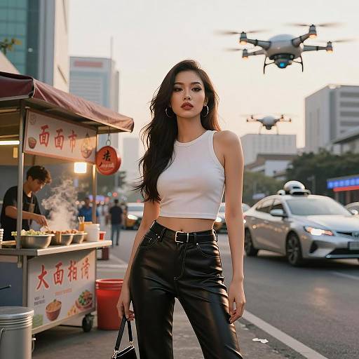 Viet Girl in Neo-Saigon with Drones and Noodle Vendor