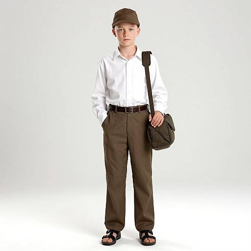 Photograph of a young boy in a white shirt, brown pants, black belt, brown cap, black satchel, and sandals, standing against