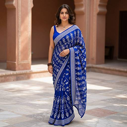 Photograph of a woman with medium brown skin, dark wavy hair, wearing a blue silk saree with white floral patterns, blue blouse, standing