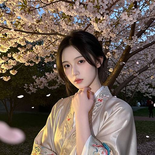 Photograph of a young Asian woman with fair skin and black hair, wearing a shiny, embroidered white kimono, standing under blooming cherry blossoms