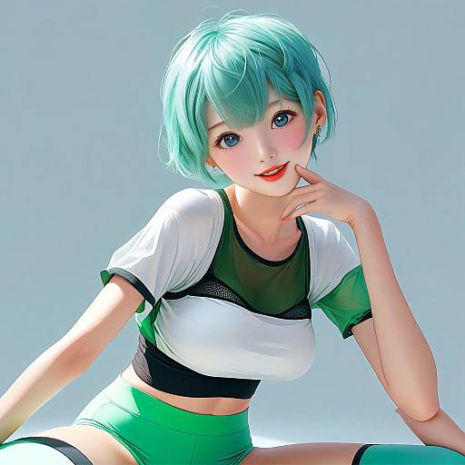 Digital anime-style drawing of a cute girl with teal hair, blue eyes, wearing a white and green sports top and shorts, sitting against a light blue