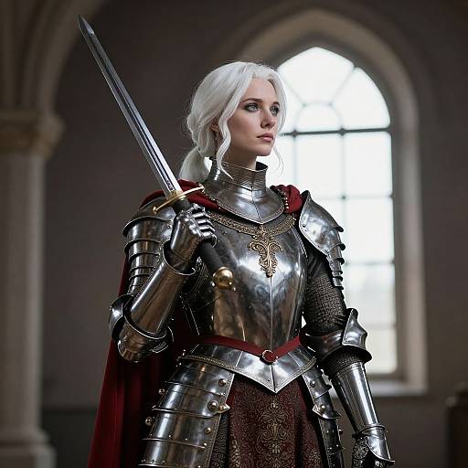 Photorealistic CGI of a white-haired woman in silver medieval armor with a red cloak, holding a sword, standing before a Gothic window.