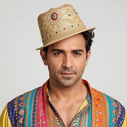 Photograph of a South Asian man with olive skin, dark hair, wearing a colorful embroidered vest and a woven, beaded hat.