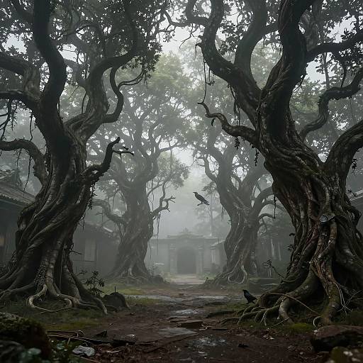 Misty, foggy forest scene with twisted, gnarled trees framing an ancient, temple-like structure in the background. Dark, moody atmosphere