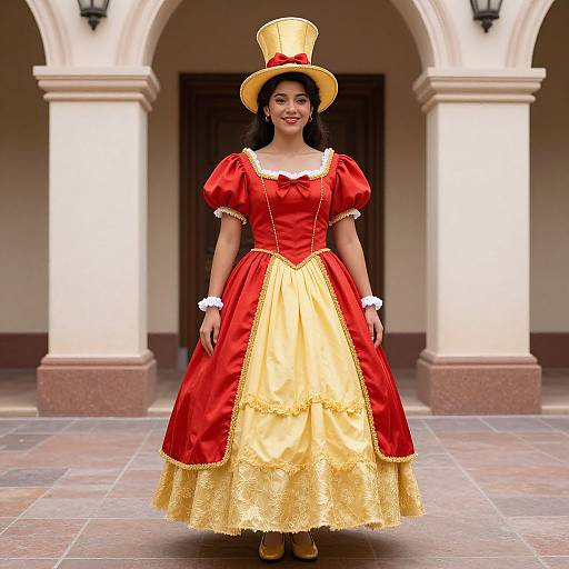 Photograph of a young Asian woman in a vibrant red and gold Cinderella-inspired dress with puffed sleeves, white trim, and a yellow top hat