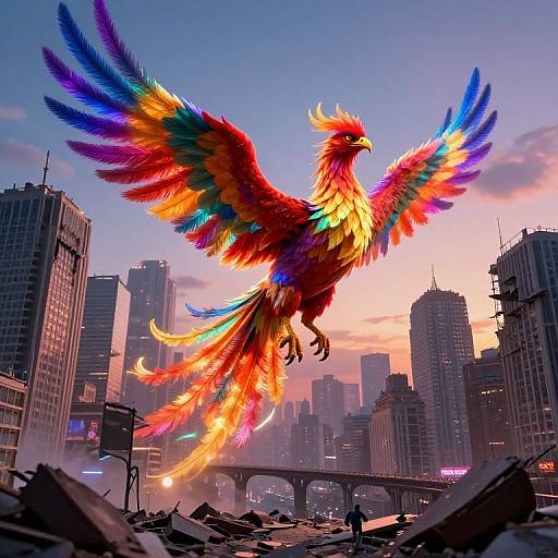 Digital art: Vibrant, rainbow-feathered phoenix with fiery eyes soaring over a destroyed cityscape with skyscrapers, sunset sky, and debris