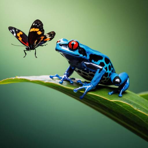 Blue Poison Dart Frog and Butterfly on Leaf Blue Poison Dart Frog and Butterfly on Leaf