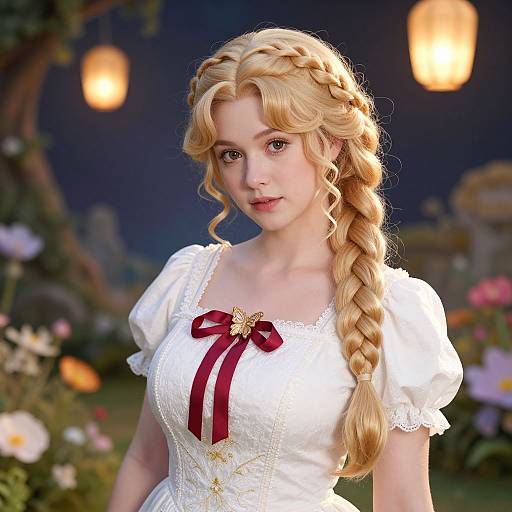 Digital CGI image of a blonde woman with braided hair, wearing a white dress with red ribbon and gold brooch, in a nighttime garden setting with