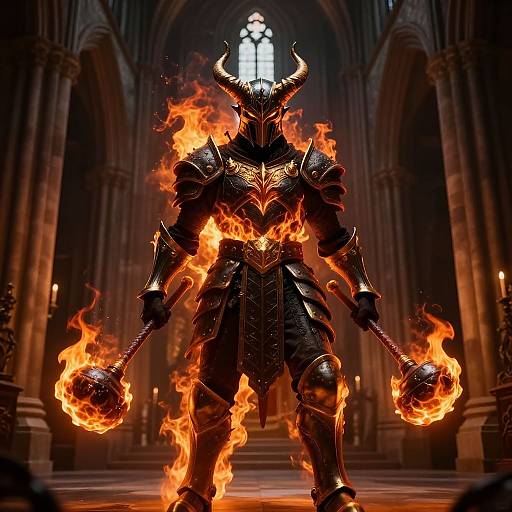 Digital artwork of a fiery, horned demon warrior in black armor, holding flaming maces, standing in a dark, gothic cathedral.