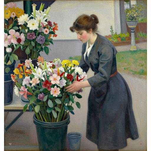 Impressionist painting of a woman in a dark dress arranging colorful flowers in pots, with a garden and urn in the background.