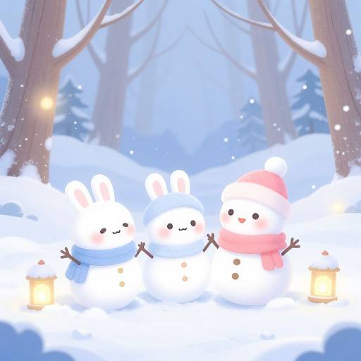 Cute digital illustration of three snowmen with bunny ears, one in a Santa hat, standing in a snowy forest at night, holding lanterns.