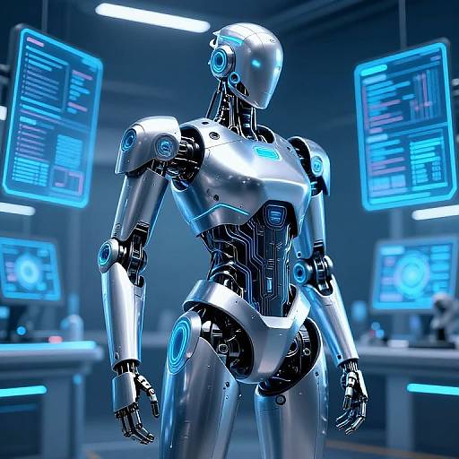 Photorealistic CGI of a sleek, silver, humanoid robot with blue glowing circuits in a futuristic, dimly-lit control room with multiple blue-l