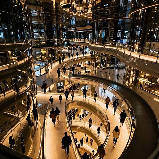 Photograph of a modern, brightly-lit, multi-level shopping mall with a spiral staircase, silhouetted people walking, and sleek, glass