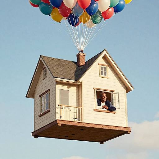 Photograph of a small, white, wooden house with a person peering out the window, floating in the air, held by colorful balloons against a