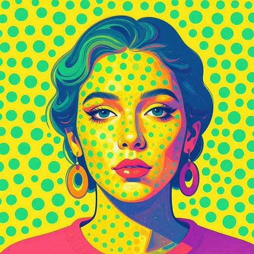 Pop art portrait of a woman with colorful polka dots on yellow background, bold colors, blue hair, large hoop earrings, intense gaze.