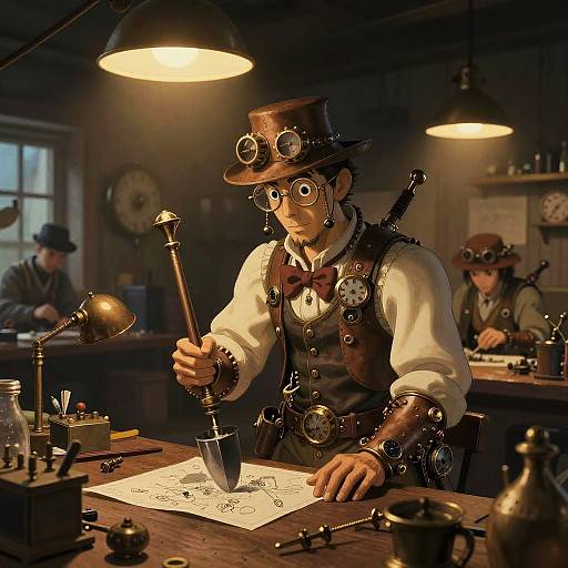 Steampunk Inventor in Busy Workshop