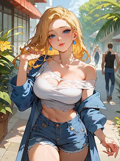 Blonde Woman in Denim Shorts on Sunny City Street