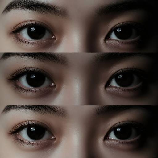 Photograph of close-up, three-panel view of a person's dark brown eyes, showcasing detailed pupils, eyelashes, and slightly arched eyebrows.