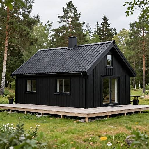 Photograph of a black, modern wooden cabin with a tiled roof, elevated on a wooden deck, surrounded by lush green forest and colorful wildflowers.