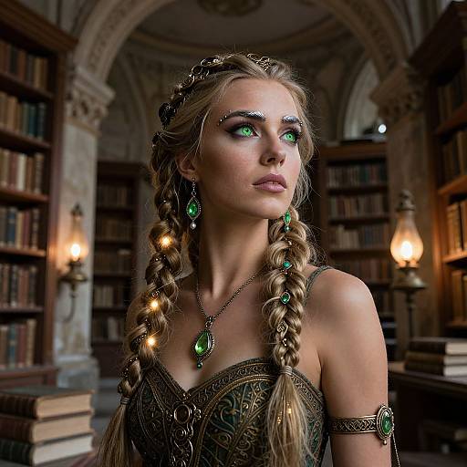 Photorealistic digital artwork of a blonde woman with braided hair, glowing green eyes, and ornate jewelry, standing in a dimly lit,