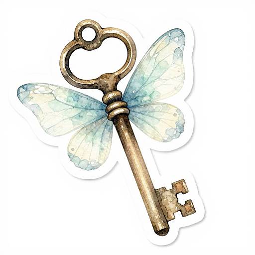 Digital illustration of an antique, bronze key with delicate, translucent blue fairy wings attached to the handle, set against a white background.