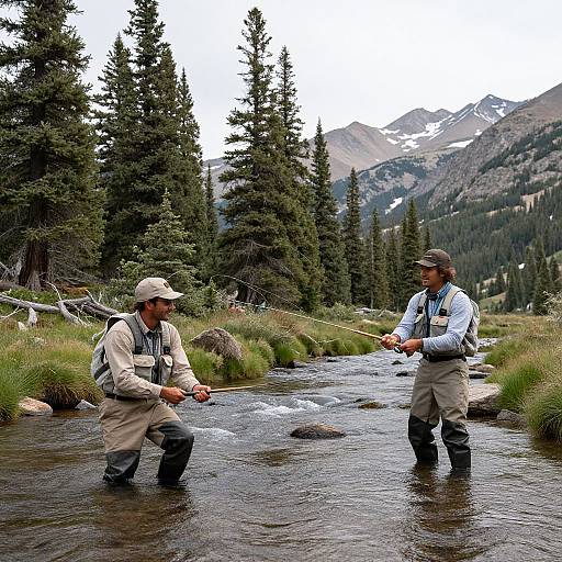Two men in waders and fishing gear stand in a mountain stream, fishing amidst tall pine trees with snow-capped peaks in the background. Photograph.