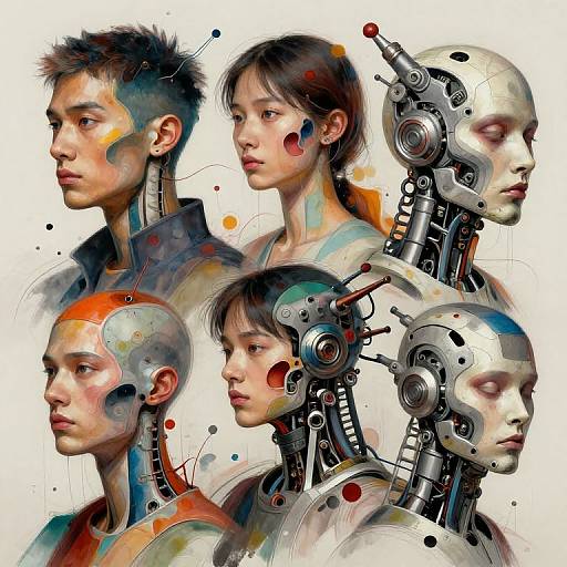 Digital art of five people, two male, two female, one robot, with cybernetic enhancements, colorful splatters, and white background.