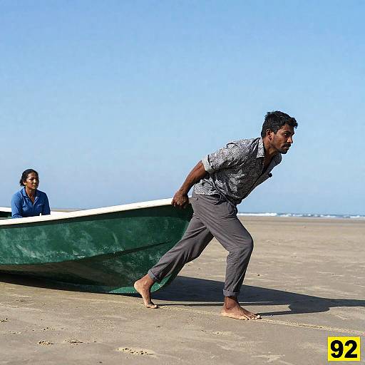 Man Pulling Boat on Sandy Beach