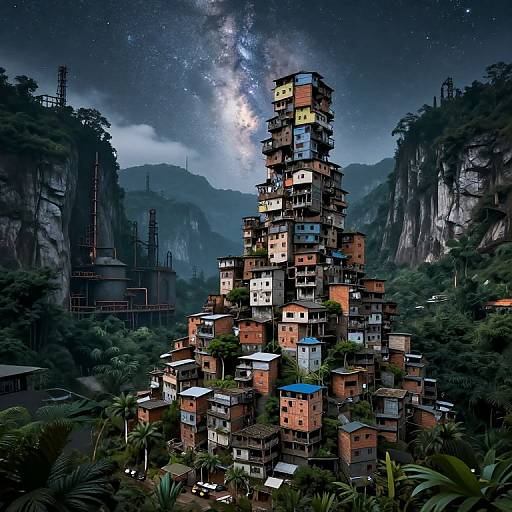 Photorealistic digital artwork of a towering, colorful, multi-story hillside house cluster under a starry night sky, surrounded by lush mountains and dense