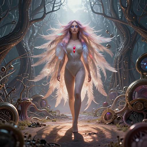 Digitally rendered fantasy image of a glowing, ethereal woman with pink and white feathered wings, red gemstone necklace, and white bodysuit