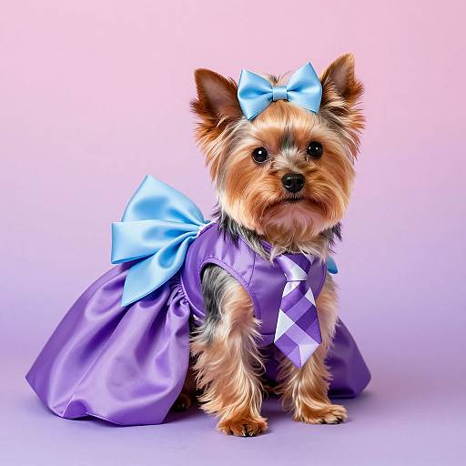 Photograph of a small Yorkshire Terrier wearing a purple satin dress with blue bows, sitting on a white background.